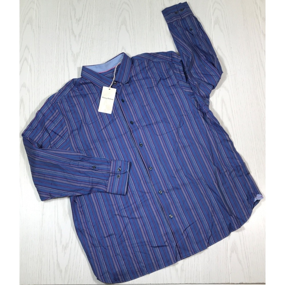 Tommy Bahama Cotton Silk Blend Shirt Men 1XB Striped Long Sleeve Button Down New